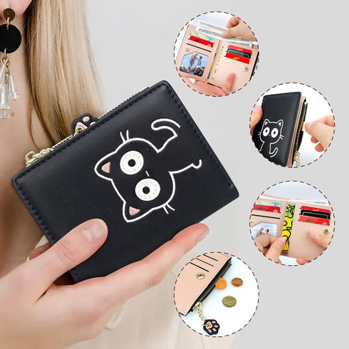 CONISY Cute Wallets for Women, Leather RFID Blocking Small Bifold Wallet with Zipper Coin Purse for Girls and Ladies Womens Wallet (Cat Black)...