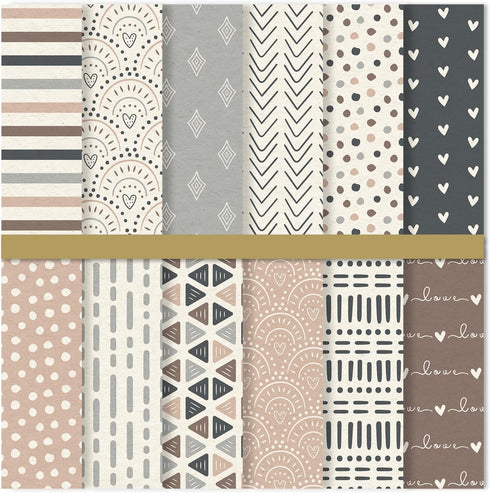 Whaline 24 Sheets Neutral Boho Pattern Paper Rainbow Heart Dot Scrapbook Specialty Paper Double Sided Decorative Craft Paper For DIY Card Making P...