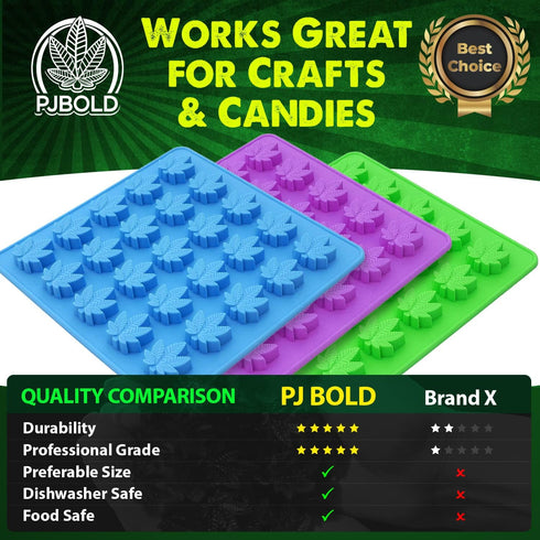PJ BOLD Marijuana Leaf Gummy Molds Silicone Candy Mold Kit - 3 Pack...
