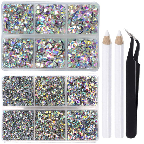 LPBeads 6400 Pieces Hotfix Rhinestones Clear AB Flat Back 5 Mixed Sizes Crystal Round Glass Gems with Tweezers and Picking Rhinestones Pen...