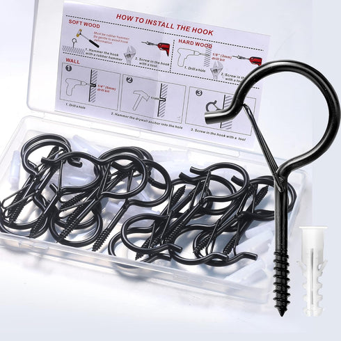 PlusRoc 20 Pack Large 3 Inch Q-Hanger Hooks for Hanging Outdoor String Lights Plants, Black Cup Hooks Screw in Eye Hooks wood Fence Wall Mount Cei...