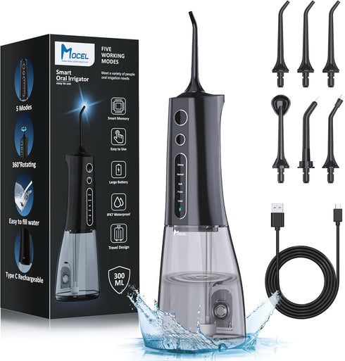 Water Dental Flosser Cordless Teeth Cleaning MOCEL 5 Modes Oral Irrigator 300ML Portable and USB C Cable Rechargeable IPX7 Waterproof Flossing Tee...