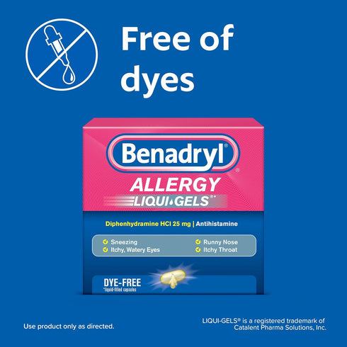 Benadryl Liqui-Gels Allergy Medicine, Dye-Free Liquid Gel Capsules with 25 mg of Diphenhydramine HCl Antihistamine for Relief of Allergy & Cold Sy...