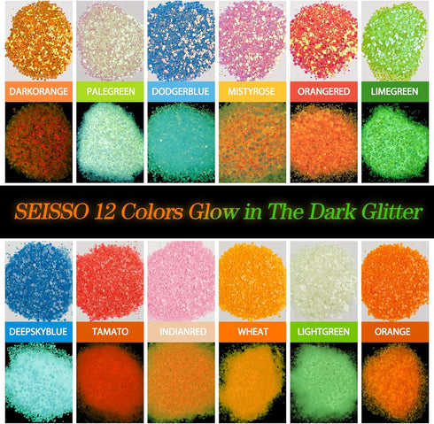 Glow in The Dark Glitter, SEISSO 12 Bottles Luminous Glitter with UV Flashlight Set, 10g/Bottle Chunky Glitter Powder for Resin Arts Crafts, Body ...