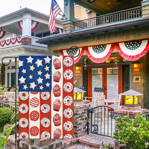 4th of July Patriotic Garden Flag Memorial Day Donuts Garden Flags 12x18 Inch Double Sided Burlap Summer Ice Cream House FLags for Independence Da...