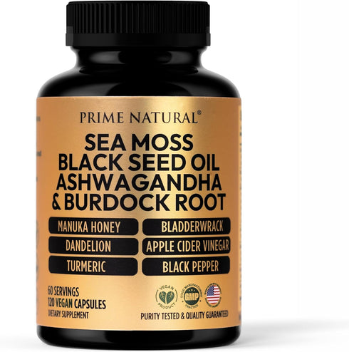 Sea Moss 3000mg Black Seed Oil 2000mg Ashwagandha 1000mg Turmeric 1000mg Bladderwrack 1000mg Burdock 1000mg Manuka Honey Dandelion ACV - 120 Capsu...