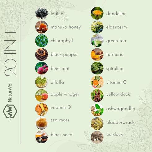 Black Seed Oil 3000mg Sea Moss 3000mg Ashwagandha 1000mg Turmeric 1000mg Burdock 1000mg Bladderwrack 1000mg & Elderberry Manuka Chlorophyll Dandel...