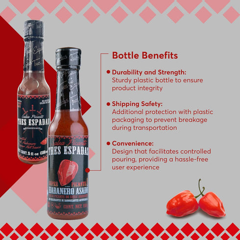 Salsa Picante Tres Espadas | Habanero Hot Sauce | Hot salsa crafted with Mexican Habaneros | Hot Sauce Bottles 5 FL OZ Each (Habanero Red Pepper, ...