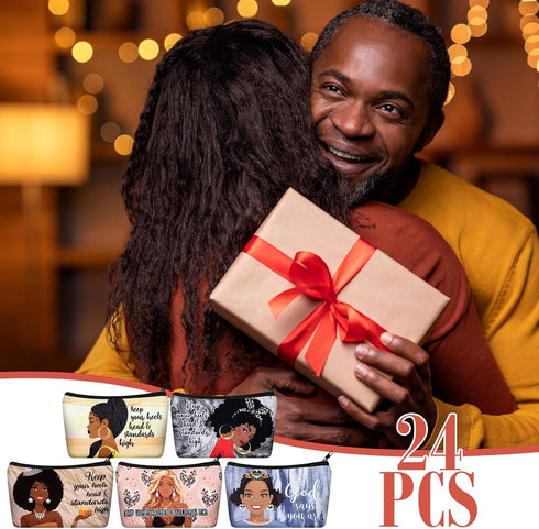 24 Pcs Black Woman Makeup Bag Christmas Gift Black Girl Toiletry Bag African American Canvas Makeup Bags Zipper Cosmetic Pouch Reusable Multi Purp...