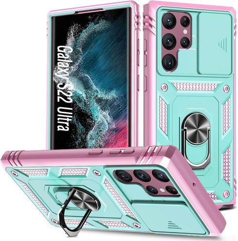 Case for Galaxy S22 Ultra, Shockproof Impact Resistant with Slide Lens Protective Cover Case for Samsung Galaxy S22 Ultra 4G/5G 6.8" (Pink Green)...