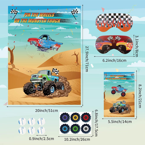 Eaezerav Pin the Wheels on the Truck Game with Monster Truck Poster, 36 Tyres Stickers, 2 Blindfolds for Car Theme Birthday Party Carnival Party T...