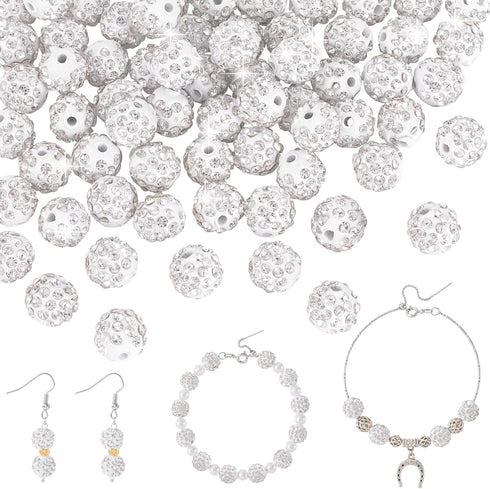 50 Pcs 10mm Rhinestone Beads for Jewelry Making, Sparkle Silver Clay Crystal Beads Round Polymer Balls for Women DIY Bracelet Necklace Earring Jew...