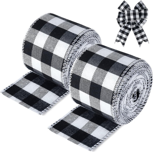 19.6 Yard 2.5 inch Wide Buffalo Plaid Ribbons Wired Edges, 2 Rolls Black and White Checkered Ribbon for Christmas Tree Gift Decorations...