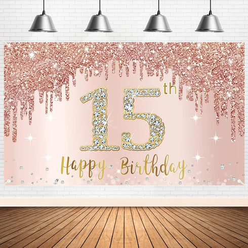 Happy 15th Birthday Banner Backdrop Decorations for Girls, Rose Gold 15 Birthday Party Sign Supplies, Pink 15 Year Old Birthday Poster Background ...