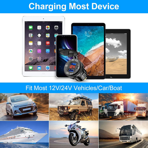 12V USB Outlet, 2pcs Quick Charge 3.0 Dual USB Car Charger, Cigarette Lighter Socket with Voltmeter, Waterproof Car Charger Adapter Fast Charge, C...