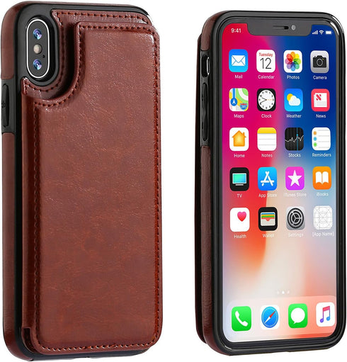 iPhone Xs iPhone X Wallet Case with Card Holder, Premium PU Leather Kickstand Card Slots Case,Double Magnetic Clasp and Durable Shockproof Cover(B...