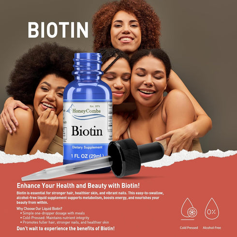 HoneyCombs Vitamin B7 (Biotin) Drops – Liquid Biotin Hair, Skin, Nails Supplement – Digestion & Hair Vitamins - Alcohol-Free, Non-GMO Vitamin Liqu...
