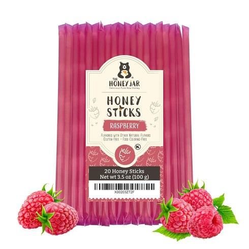 The Honey Jar Raspberry Flavored Honey Sticks - Pure Honey Straws For Tea, Coffee, or a Healthy Treat - One Teaspoon of Flavored Honey Per Stick -...