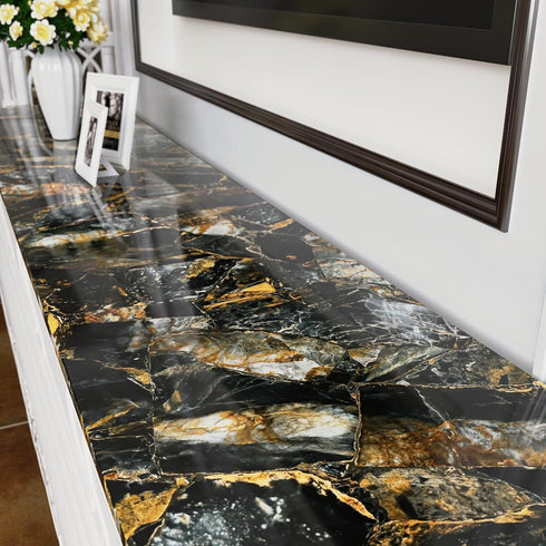 17.7''x100'' Slate Gold Glossy Marble Contact Paper for Countertops Waterproof Peel and Stick Countertops for Kitchen Self Adhesive Removable Viny...