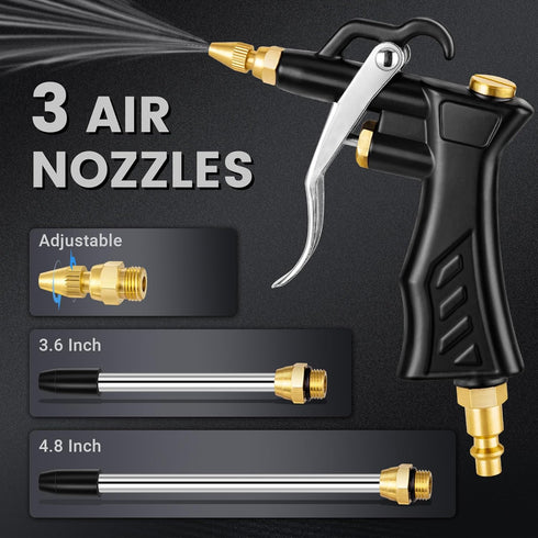Industrial Air Blow Gun with Adjustable Brass Air Nozzle, Premium Air Blower Gun with 2 Pcs Steel Air Flow Extensions and 1/4" NPT Standard Quick ...