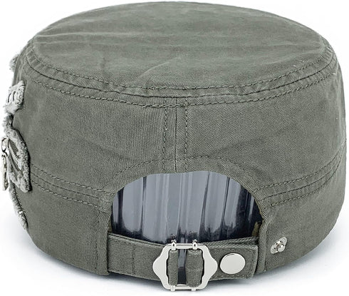 Men Women Soft Washed Cotton Adjustable Flat Top Military Army Hat Cadet Cap Zip Studs Embroidery Patch...