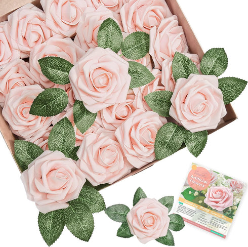 Artificial Flowers 25pcs Artificial Roses for Wedding Decoration, Fake Roses with Stems for DIY Bridal Shower, Wedding Bouquets, Party Table Cente...