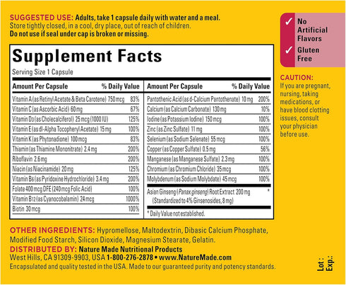 Nature Made Multi + Ginseng, Daily Energy Multivitamin for Adults, One Per Day Vitamin, 60 Capsules...
