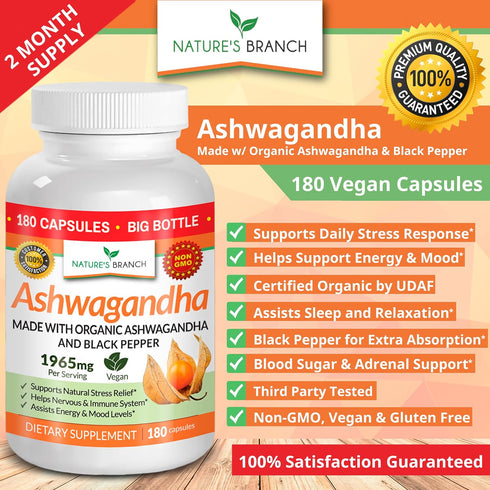 UDAF Certified Organic Ashwagandha with Black Pepper - 180 Capsules - 1965mg Extra Strength for Stress, Sleep, Mood, Thyroid, Focus, Hair, Vegan P...