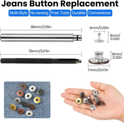 Buttons for Jeans, Jeans Button Replacement with Setting Tool, 30 Sets 6 Styles 17MM Jean Buttons Metal Pants Button Tightener for Denim Jeans, Su...