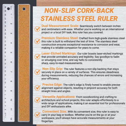 Stainless Steel Metal Ruler with Non-Slip Cork Back for Home Improvement, Planner Accessories, College School Supplies, Drafting Tools, Architectu...