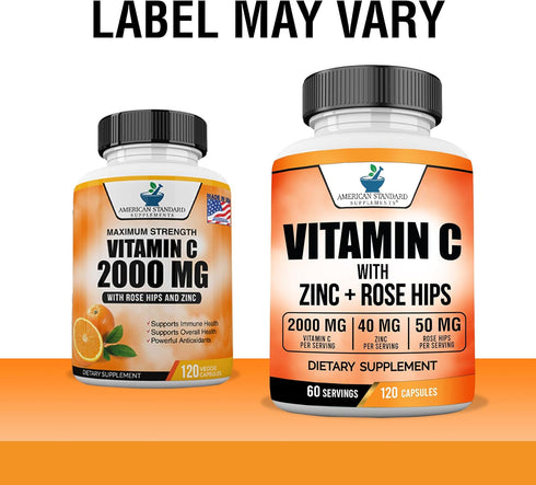 American Standard Supplements Vitamin C 2000mg, Zinc 40mg, and Rose HIPS 50mg Per Serving – Vegan, Gluten Free, Non-GMO (120 Count)...