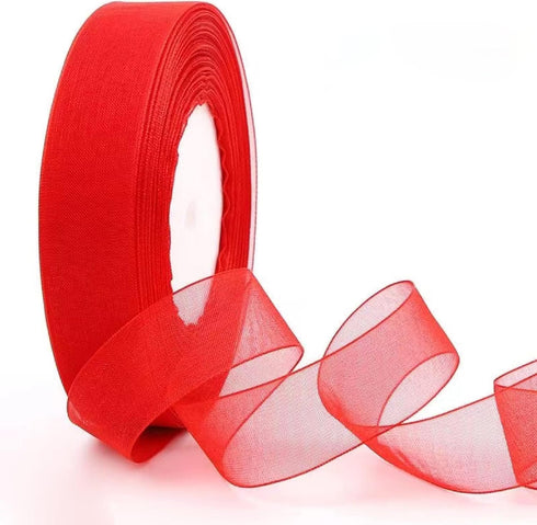1 inch Red Organza Ribbon, 50 Yard Sheer Chiffon Ribbon for Gift Wrapping, Transparent Wired Tulle Ribbon for Holiday Presents, Birthday Cards, We...