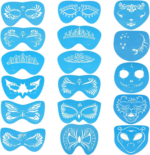 22 Pcs Face Paint Stencils Kit - 17 Reusable Face Painting Stencils with 4 Stickers and 900 Body Gems, Bat & Butterfly Designs for Halloween Parti...
