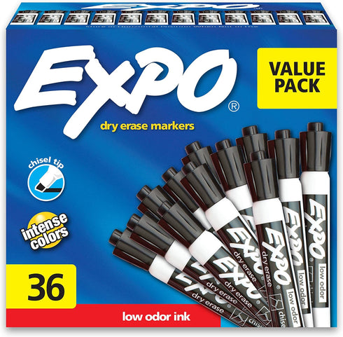 EXPO Dry Erase Markers, Chisel Tip, Black, Low-Odor, Pack of 36, Perfect for Whiteboards, Non-Porous Surfaces & Home Offices...