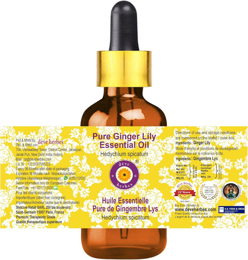 Deve Herbes Pure Ginger Lily Essential Oil (Hedychium spicatum) with Glass Dropper Steam Distilled 30ml (1 oz)...