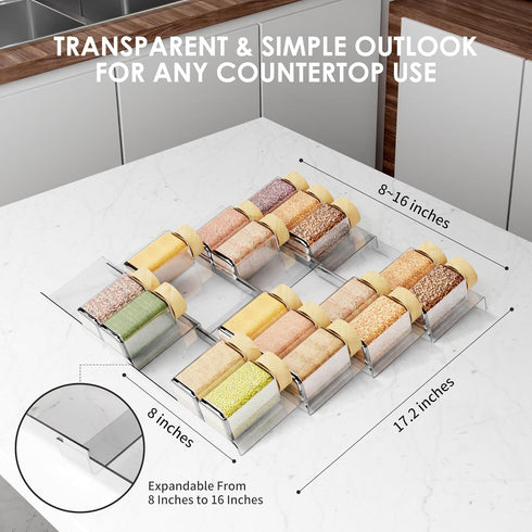 Spice Drawer Organizer, 6 Pcs Clear Acrylic In Drawer Seasoning Jars Rack, Expandable From 8" to 16" Kitchen Cabinets/Countertop Drawer Spice Rack...