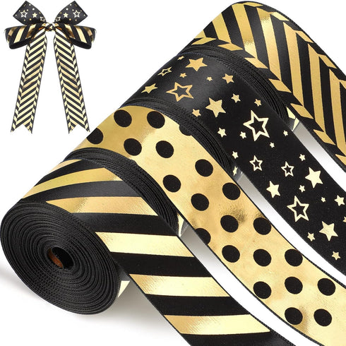 Shappy 4 Rolls 1 Inch Graduation Ribbon Striped Wrapping Bronzing Grosgrain Fabric Ribbons Black and Gold Ribbon DIY Craft for School Graduation G...