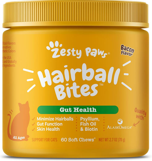 Zesty Paws Hairball Bites for Cats - Cat Furball Support - Functional Supplement with Omega 3 Fish Oil EPA & DHA + Zinc, Biotin & Psyllium Husk - ...
