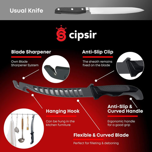 Meat and Fish Fillet Knife - Curved salty water resistant german 5 inch steel blade with sheath, sharpener and gift box, ideal for filleting and d...