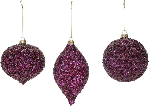 Beaded Purple Plum Glittered Ball Finial 6 inch Glass Decorative Hanging Christmas Ornament Set 3...