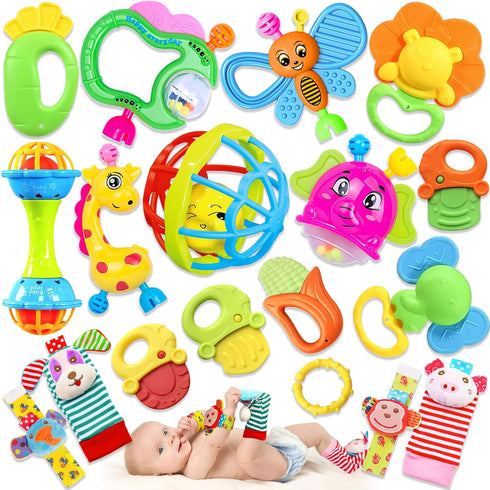 Baby Rattles Toys for 0-6 Months - 18 PCS Infant Toys 0-3 Month Old Baby Boy Girl Gifts Set with Teething and Wrist Socks Rattle Infant Newborn Se...