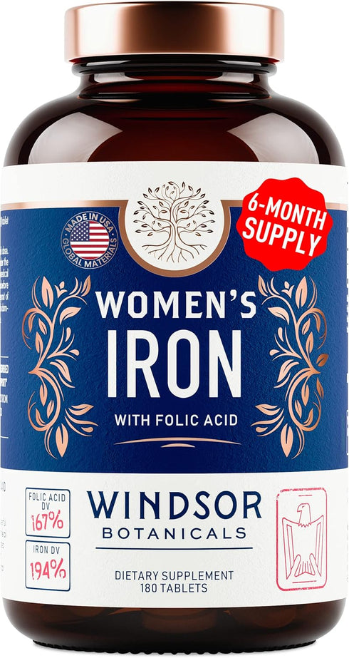 Iron Pills for Women - Iron Supplement for Women with Folic Acid - 6 Month Supply - Anemia, Period, Pregnancy Support Iron Supplements - Ferrous S...