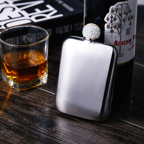 Hillside-Kit Booze Shot Flask- AB Crystal Lid Creative 304 Stainless Steel Wine Alcohol Liquor Flask for Women Girls Men Party Hand size Flask-6OZ...