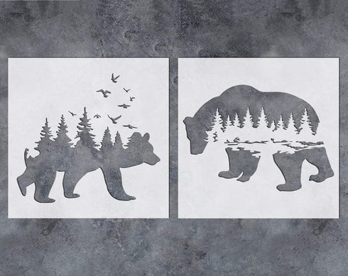 GSS Designs Mountain Forest Bear Stencil (2 Pack) - Reusable Stencil for Walls (12x12Inch) - Art Painting for Wall Canvas Furniture Cards Decor (S...