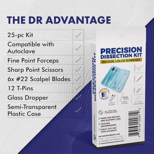 61936PCT Precision Dissection Kit - 25-Piece Biology Kit - 8 Stainless Steel Instruments - Extra Blades & T-Pins - Biology Students & Faculty - Au...