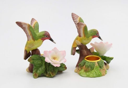 Fine Porcelain Hummingbird with Apple Cherry Blossom Flowers Taper Candle Holder Pair Figurine, 3-5/8" H...
