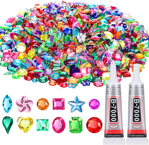 Anezus1200Pcs Craft Gems with 2Pcs B7000 Jewelry Glue, Flat Back Sequins Jewels Embellishments Rhinestones Gemstones for Bedazzling, Decor, Clothi...