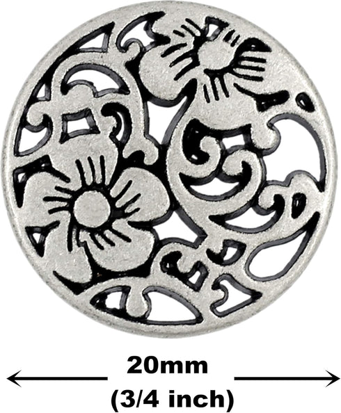 Bezelry 12 Pieces Vine Flower Metal Shank Buttons. 20mm (3/4 inch) (Antique Silver)...