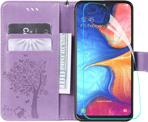 for Samsung Galaxy A10e Wallet Case Screen Protector,Galaxy A10e PU Leather Protective Case Emboss Love Tree Cat Folio Magnetic Card Holder Kickst...