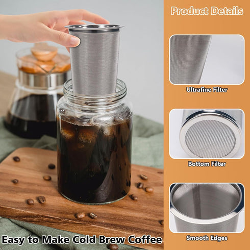 2pcs Cold Brew Filter - Cold Brew Coffee Filter for 64oz Wide Mouth Mason Jar Cold Brew Coffee Maker Pitcher, 304 Stainless Steel Mesh Cold Brew S...